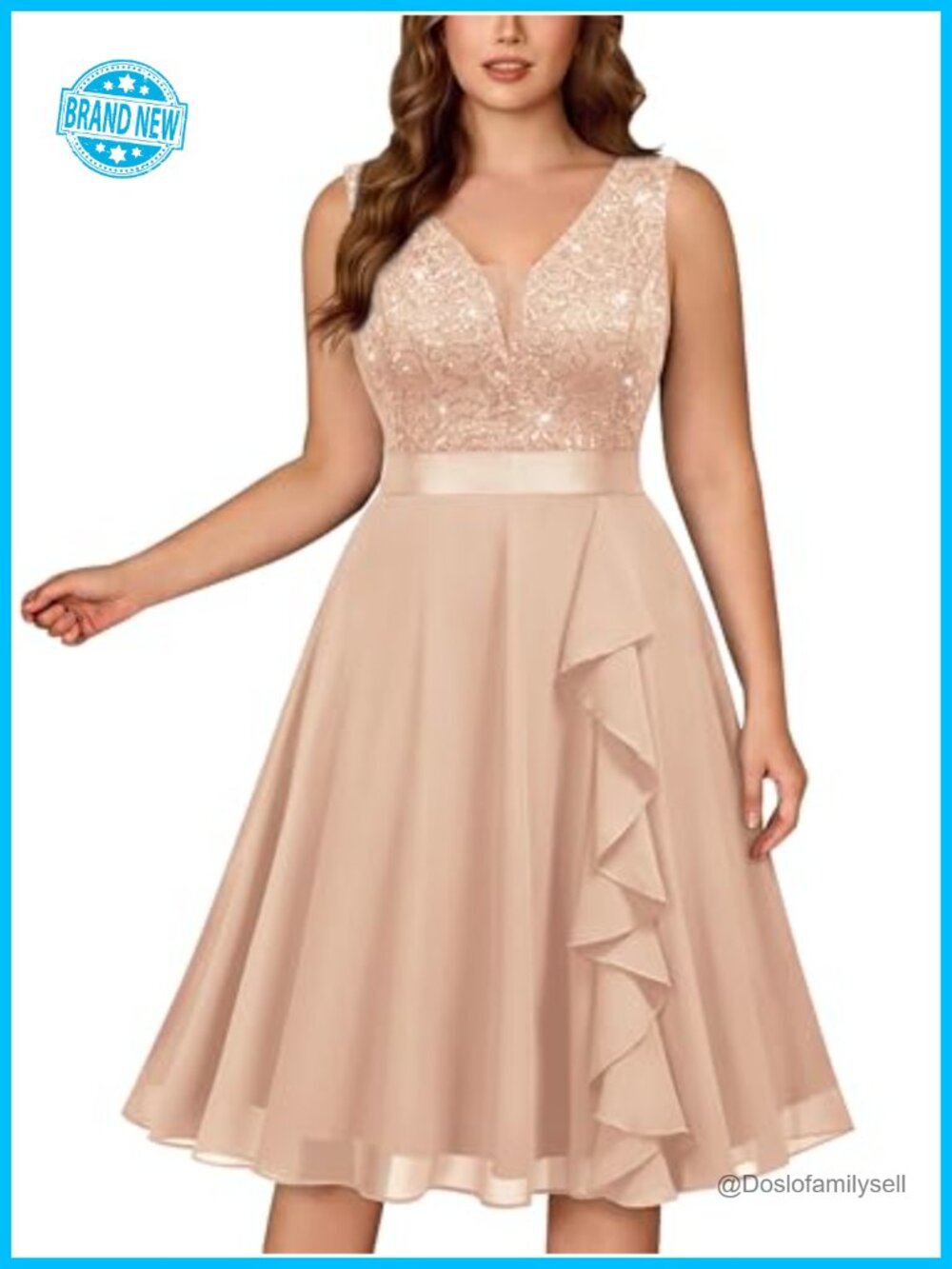 Plus Size Sequin Lace Cocktail Dress A-Line Ruffle Hem Formal